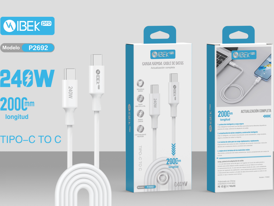 [P2692] CABLE TYPE C A TYPE C 240W 2M MALLADO Ibek Pro