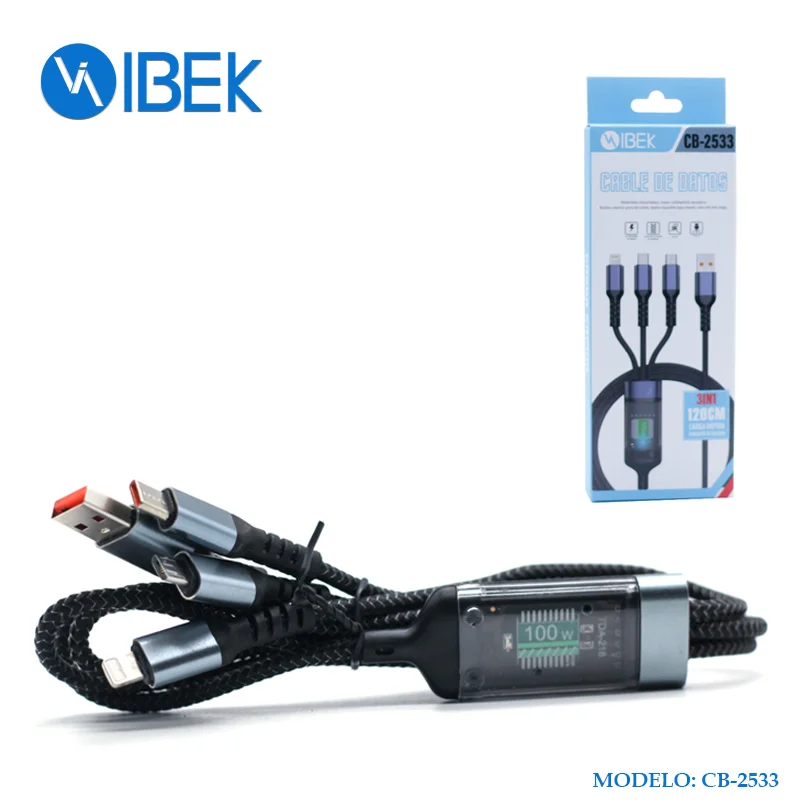 [CB-2533] CABLE USB 3 EN 1 TYPE, LIGHTNING, V8 C 6A 100W1M ENGOMADO Ibek