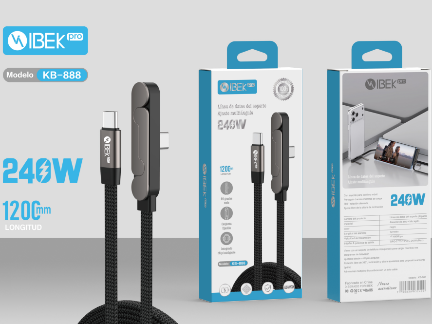[KB-888] CABLE TYPE C A TYPE C CON SOPORTE PARA CELULAR 240W 1,2M MALLADO Ibek Pro