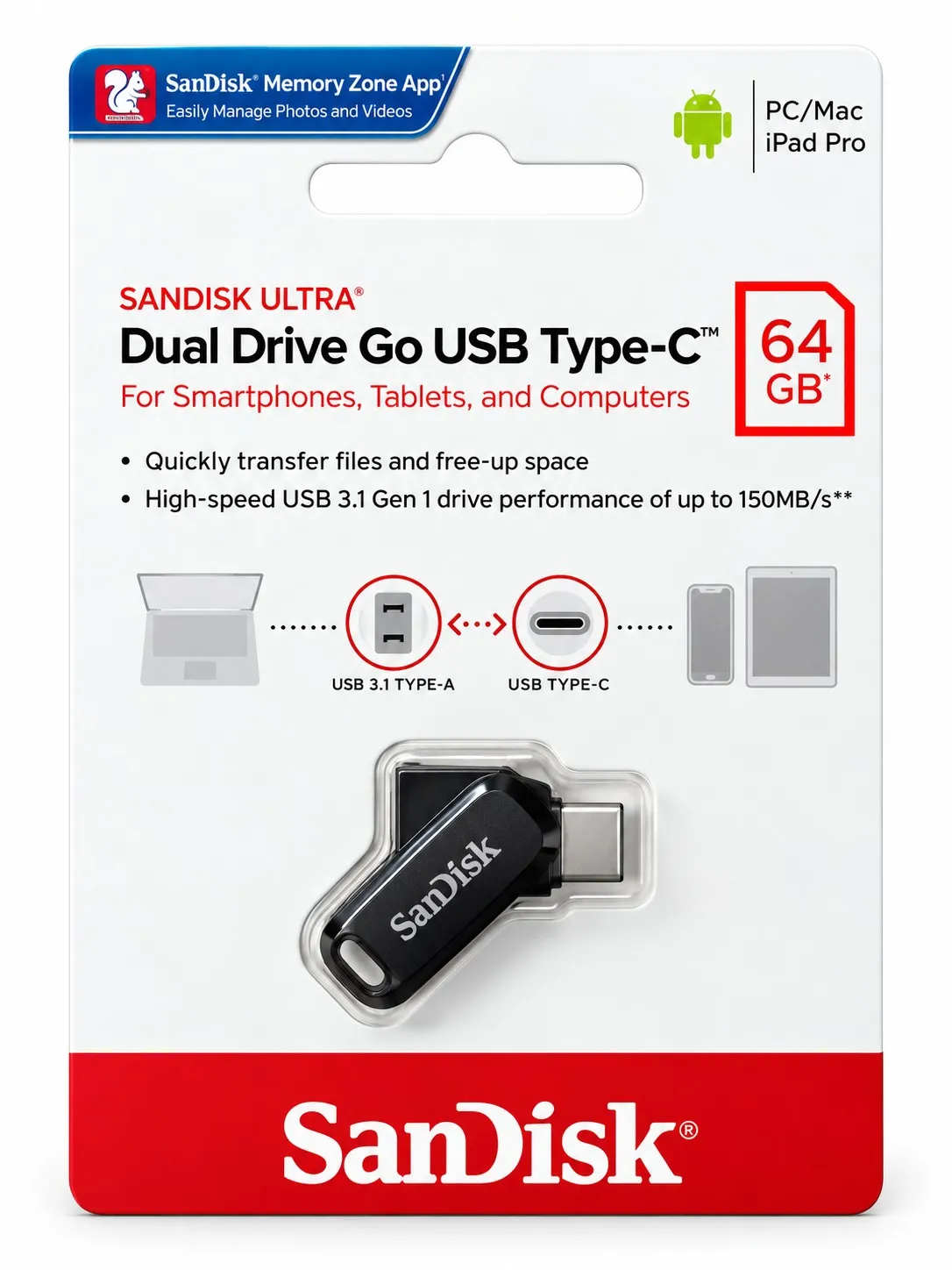 PENDRIVE SANDISK DUAL DRIVE TIPO C DE 64 GB -