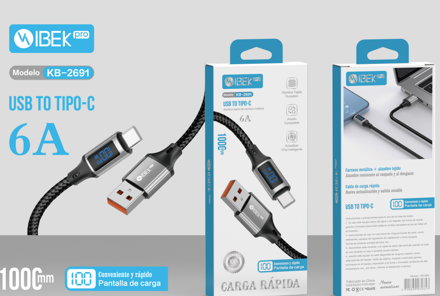 [KB-2691] CABLE USB A TYPE C 6A CON PANTALLA DE CARGA Ibek Pro