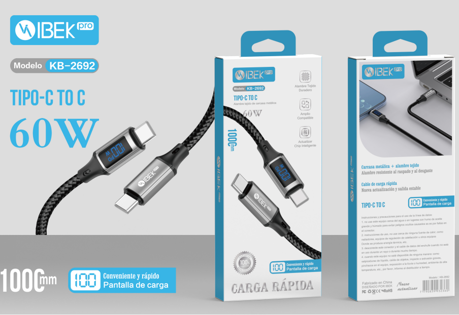 [KB-2692] CABLE TYPE C A TYPE C 60W CON PANTALLA DE CARGA Ibek Pro