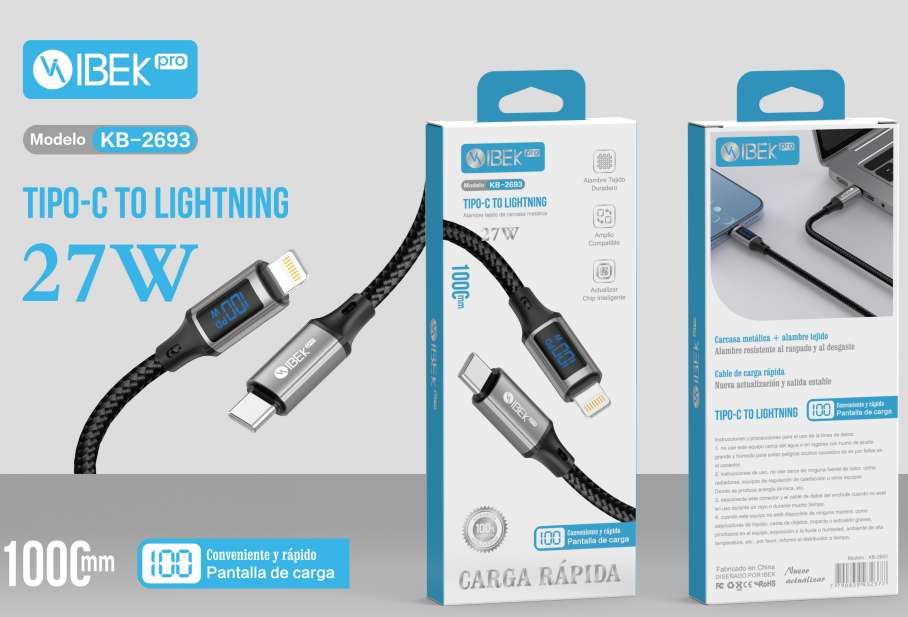 [KB-2693] CABLE TYPE C A LIGHTNING 27W CON PANTALLA DE CARGA, MALLADO Ibek Pro