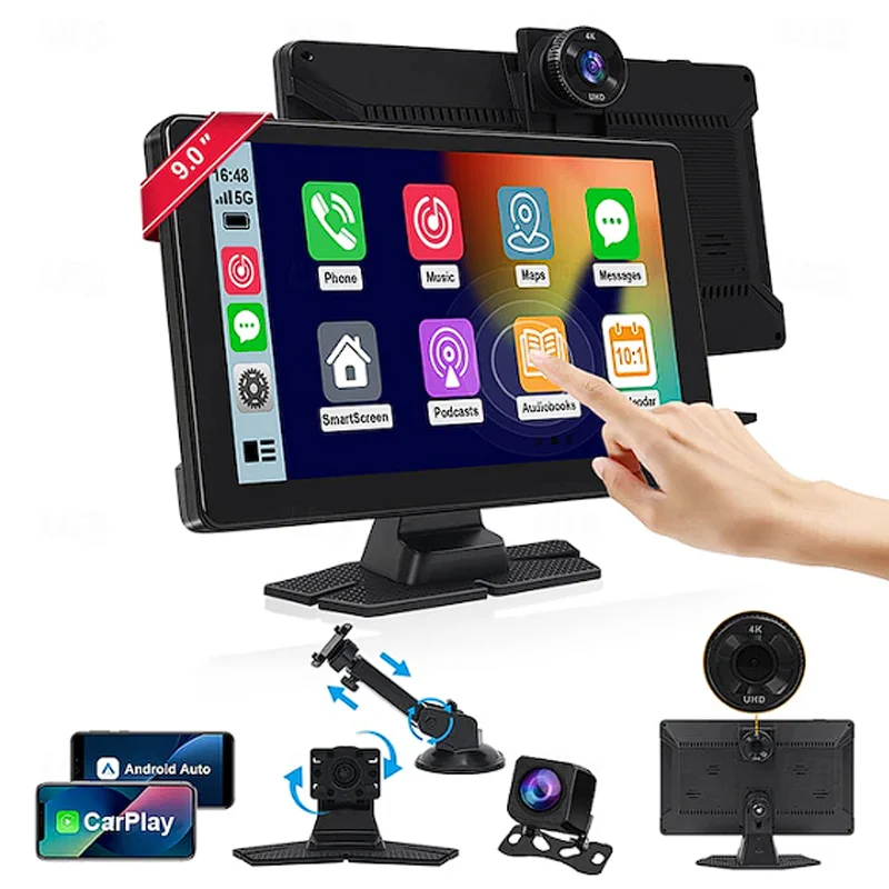 [T9D] CÁMARA PARA AUTO CON PANTALLA TÁCTIL Y CARPLAY T9D 9 PULGADAS CON SOPORTES T9D
