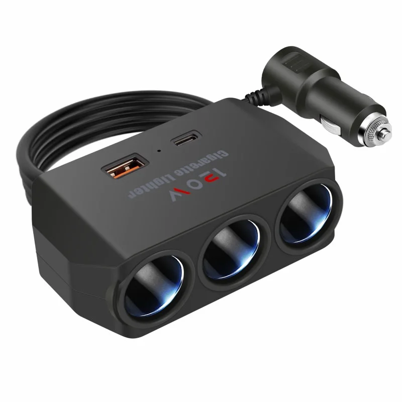 [D-28] Cargador Coche 120W, 5 en 1 Adaptador Mechero Coche con 3 Tomas, 2 Puertos (PD + USB), D-28