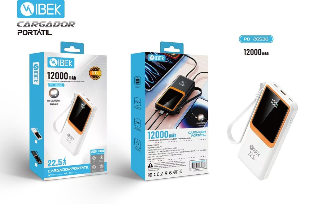 [PD-26530] CARGADOR PORTÁTIL 12000MAH 22.5W Ibek Pro