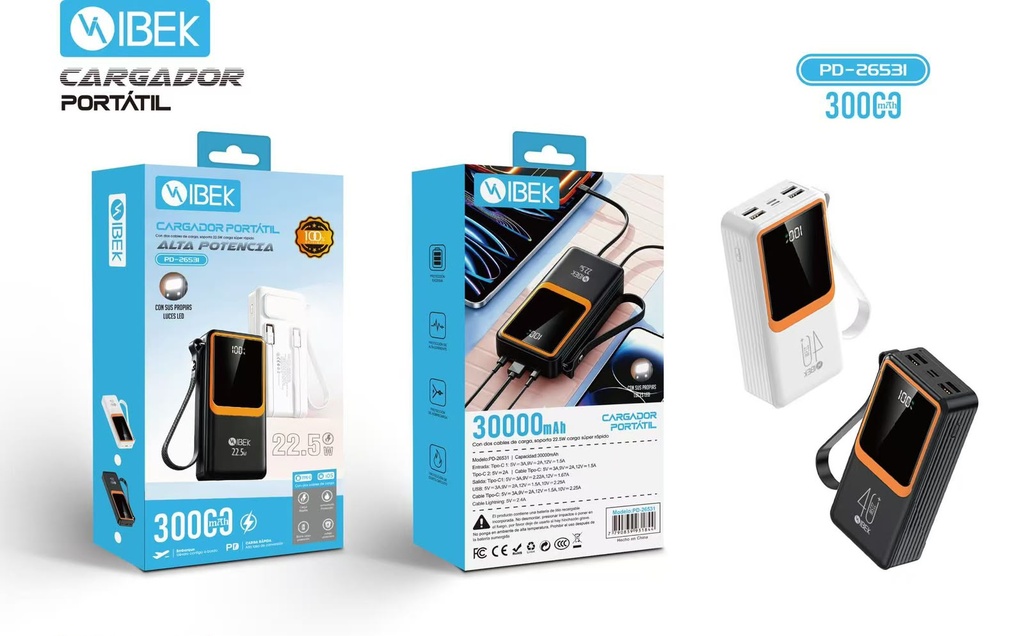[PD-26531] CARGADOR PORTÁTIL 30000MaH 22.5W Ibek Pro