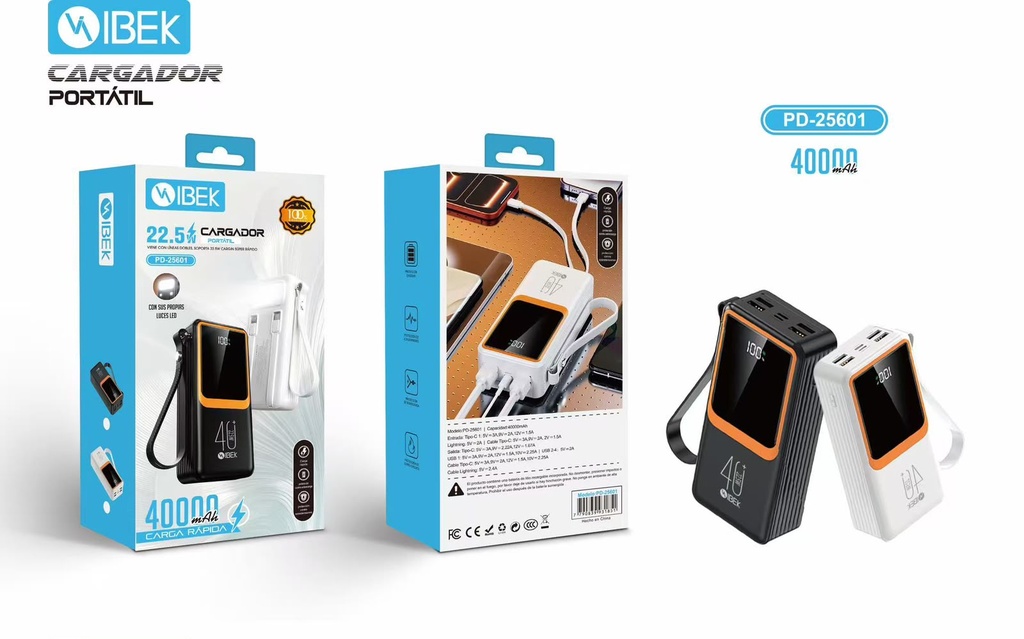 [PD-25601] CARGADOR PORTÁTIL 40000MAH 22.5W Ibek Pro