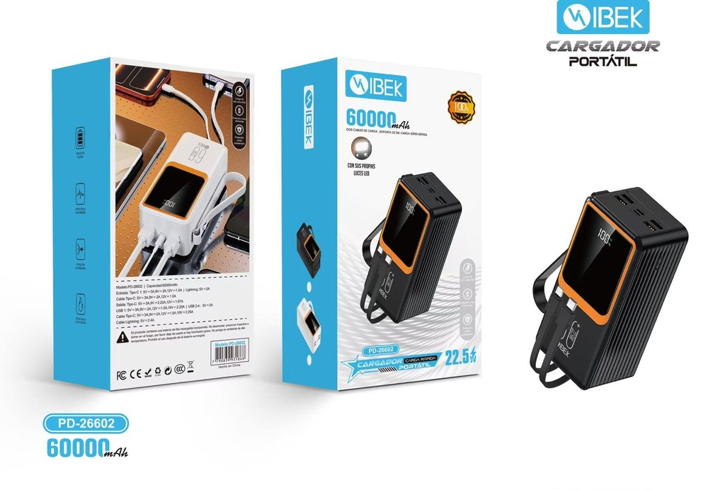 [PD-26602] CARGADOR PORTÁTIL 60000 MAH 22.5W Ibek Pro
