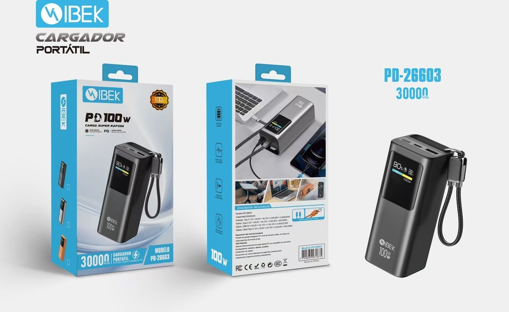 [PD-26603] CARGADOR PORTÁTIL 30000MAH 100W Ibek Pro