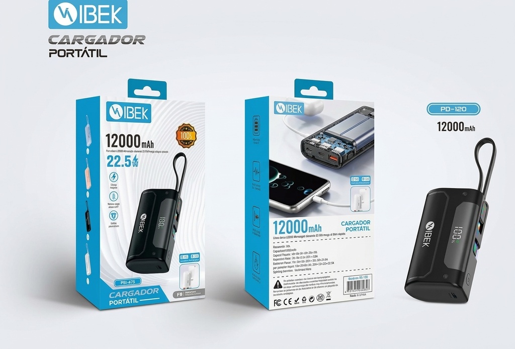 [PD-120] CARGADOR PORTÁTIL 12000MAH 22.5W Ibek Pro