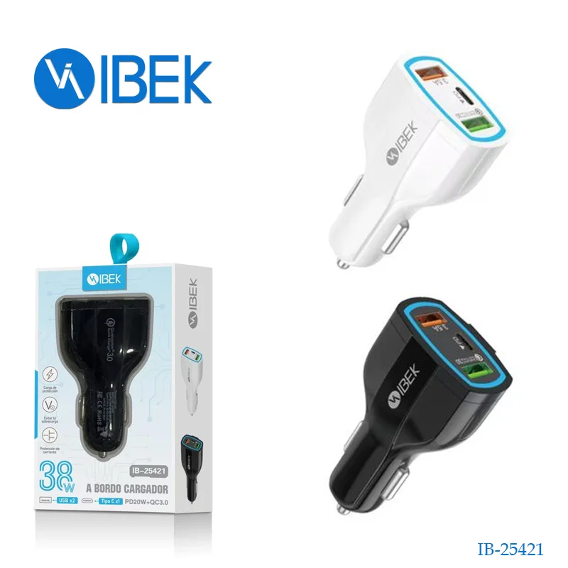 [IB-25421] CARGADOR CABEZAL PARA AUTO 38W PD20W 2 PUERTOS USB Y 1 PUERTO TYPE C IB-25421 Ibek